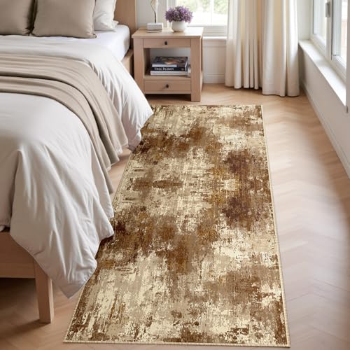 Washable Runner 2'x8' Abstract Area Rug for Hallway Brown Tan (Brown/Tan / 2' x 8' (Runner))