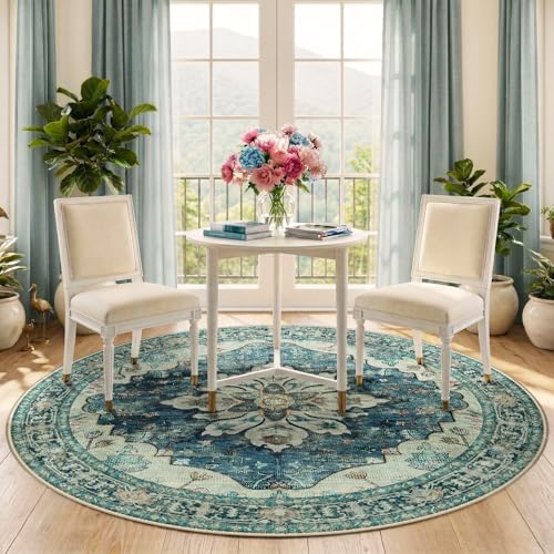 Washable Area Rug (Blue/Vintage Dark Blue / 5' (Round))