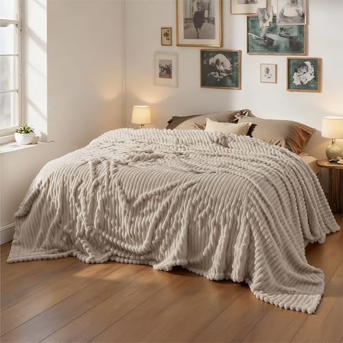 Extra Soft Large Fleece Blanket for Bed Beige 120"x120" (Beige / Large)