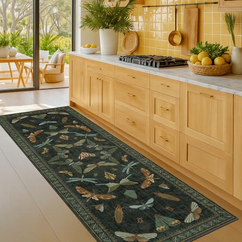 Washable Insect 2x6 Runner Rug for Hallway (2' x 6' (Runner) / Dark Green)