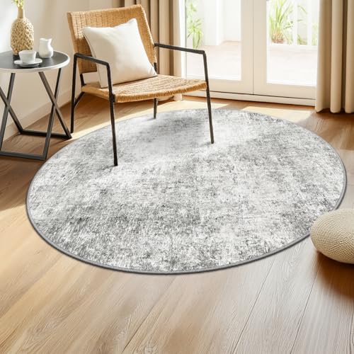 Washable Round 4ft Area Rug for Living Room Gray White (Gray/White / 4' (Round))