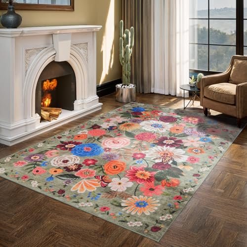 Green Floral Washable Area Rug 6x9 for Living Room Bedroom (Green / 6' x 9' (Rectangular))