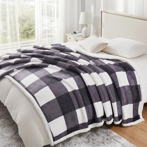 Sherpa Blanket Fleece Throw Blanket Twin Plaid Thick Bed Blanket (Dark Grey Checkered / 60"*80")