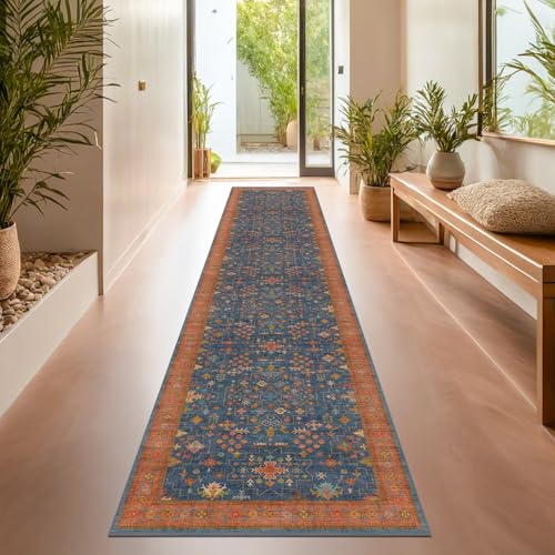Navy Blue Washable Hallway Runner Rug 2x10 Non Slip Rugs for Kitchen (2' x 10' (Runner) / Blue / Terracotta)