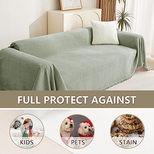 Chenille Sofa Slipcovers Sage Green Sofa Covers with Tassel Edge L Shaped Sectional Couch Covers for 3 Cushion Couch (71" x 134" / Tassels Edge-sage)