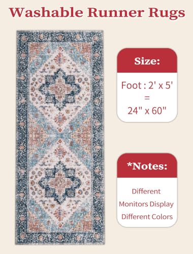 2x5 Washable Non Slip Boho Runner Rug for Hallway (Blue/Orange / 2' x 5' (Runner))