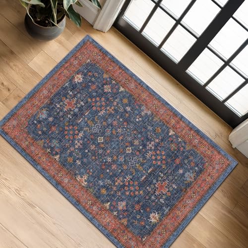 Washable 2x4 Entry Rug Front Door Indoor (2' x 4' (Rectangular) / Blue / Terracotta)