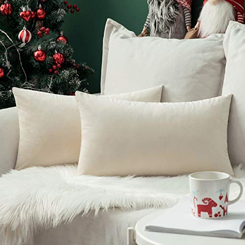 12x20 Inch Lumbar Velvet Throw Pillow Covers Cream White (20" x 12" (Pack of 2) / Cream White)