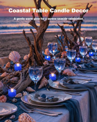 24 Pack Navy Blue Remote Flameless Tea Light Candles (Warm White Glow, Navy Blue Body)