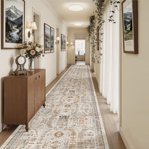 Hallway Runner Rug 3x20 Washable Kitchen Runners 20ft (Brown/Gold / 3' x 20' (Runner))