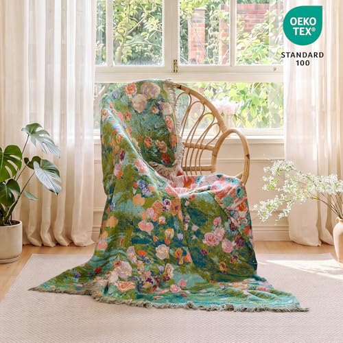 Boho Throw Blanket 50"x60" Cotton Floral Muslin Blanket for Sofa (Green Garden / 50"x60")