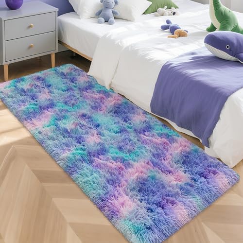 Super Soft Fluffy Living Room Area Rug 2x5 ft Purple Rainbow Tie (Tie-dyed Purple Rainbow / 2' x 5' (Runner))