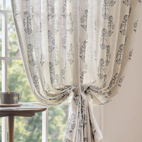 Floral Linen Black Curtains 63 Inch Vintage Back Tab 2 Panels (*Floral Black / 50"W x 63"L (Pack of 2))