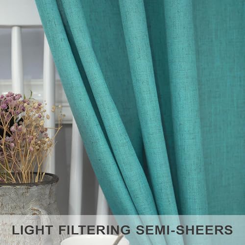 Mid Century Modern Teal Curtains 96 Inches Long 2 Panels for Living Room Bedroom Linen Sheer Semi Privacy Lightweight Light Filtering Drapes for Dining Room Office Farmhouse Coastal Decor 52x96 Length (52"W x 96"L (Pack of 2) / Teal)
