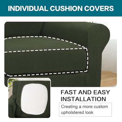 2 Piece Chair Covers Armchair Slipcovers for Living Room Armchair Sofa Cover with Individual Cushion Covers Feature Jacquard Fabric (Armchair (1 Cushion) / Olive)