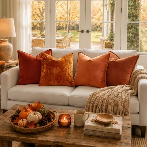 Fall Decorative Burnt Orange Velvet Throw Pillow Covers 16x16 Inch (16" x 16" (Pack of 2) / Burnt Orange)