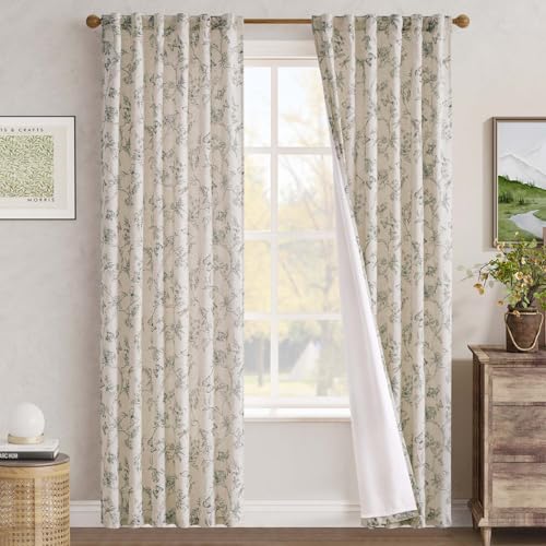 Grey Floral Linen Curtains Lined 84 Inch Vintage Back Tab 2 Panels