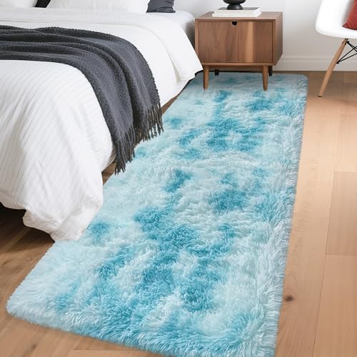 Tie Dyed Sky Blue 2x6 Machine Washable Runner Rugs for Hallway Soft Fluffy Shaggy Bedside Rugs for Bedroom Living Room Indoor Floor Carpet for Kids Girls and Boys Nursery Rooms Home Decor Aesthetic (Tie-dyed Sky Blue / 2' x 6' (Runner))