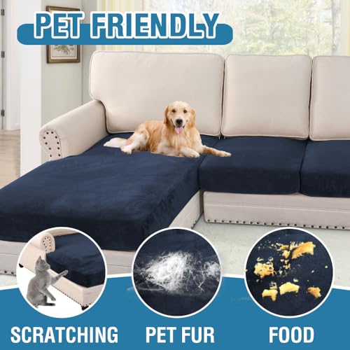 Velvet Stretch Sectional Couch Covers 3 Pieces Sofa Seat Cushion Covers L Shape Separate Cushion Couch Chaise Cover for Both Left (Navy / 2 Seater + Chaise)