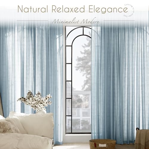 Dusty Blue Linen Curtains for Living Room Back Tab Light Filtering Semi Sheer Light Blue Bedroom Curtain Linen Cotton Textured Grey Blue Drapery Panel Airy Modern Farmhouse Aesthetic Decor 52x120 Long (Dusty Blue / 52"W x 120"L (Pack of 2))