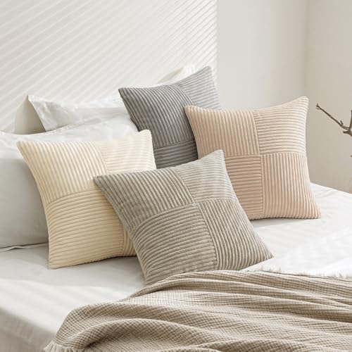 Neutral Decorative Throw Pillow Covers 20x20 Inch Set of 4 for Livingroom Couch Sofa Modern Farmhouse Soft Corduroy Cushion Cases Striped Patchwork Home Decor (20" x 20" (Pack of 4) / Neutral)