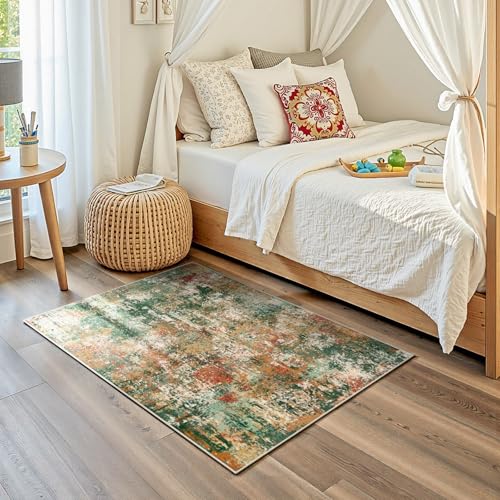 Washable 3'x5' Abstract Area Rug for Living Room Green Multi (Green/Orange/Red/Blue / 3' x 5' (Rectangular))
