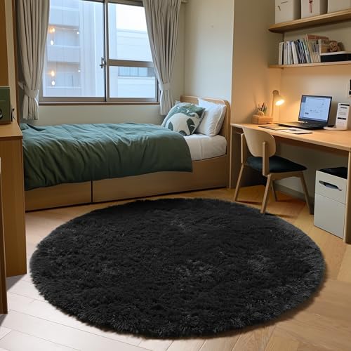 Black Fluffy Round Rug Circle Area Rugs 4ft for Kids Girls Boys Bedroom (Black / 4' (Round))