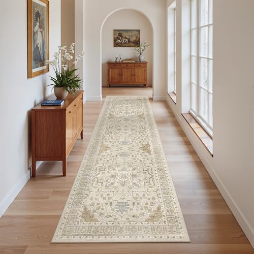 Kitchen Runner Rug 2x7 with Rubber Backing Non Slip (Beige/Blue / 2' x 7' (Runner))