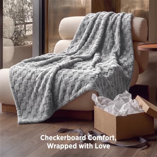 Checkered Fleece Throw Blankets for Bed (Silver Grey / Throw XL (50" X 70"))
