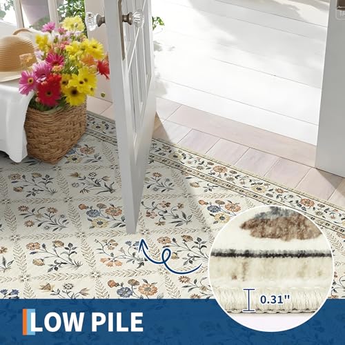 6x9 Machine Washable Area Rugs for Living Room Floral Stain Resistant Soft Carpet Vintage Low Pile Non Slip Non (Beige/Sand / 6' x 9' (Rectangular))