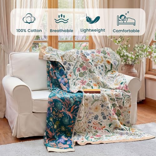Boho Throw Blanket 50"x60" Cotton Floral Blanket for Couch Bed Decor (Wildflower Mix / 50"x60")