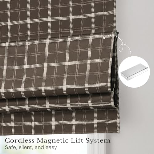 100% Blackout Brown Plaid Magnetic Roman Shade (24"W x 72"L (Pack of 1) / Plaid | Brown & White)