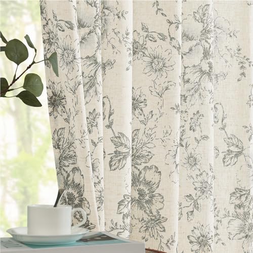 Floral Lined Linen Curtains 96 Long for Living Room 2 Panels (Lined Grey / 50"W x 96"L (Pack of 2))