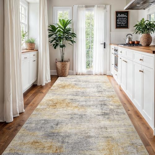 4x8 Runner Rug Washable Abstract (Grey/Yellow / 4' x 8')