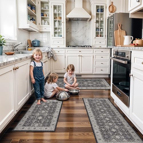Washable 4 Piece Kitchen Floor Mats (2x3+2x4+2x5+2x6 / Black/Navy)