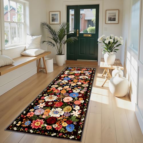 Black Brown Floral Hallway Runner Rug 2x8 for Bedroom Kitchen (Espresso / 2' x 8' (Rectangular))