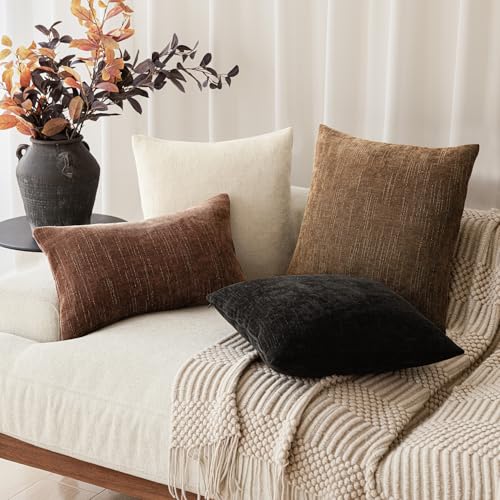 Solid Textured Chenille Throw Pillow Covers 24x24 (24" x 24" (Pack of 2) / Sudan Brown)