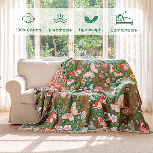 Boho Throw Blanket 50"x60" Fall Cotton Butterfly Floral Blanket (Green Butterfly / 50"x60")