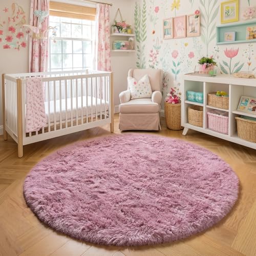 Mauve Pink Round Plush Rug 5Ft for Girls Bedroom Nursery Playroom (Mauve Pink / 5' (Round))