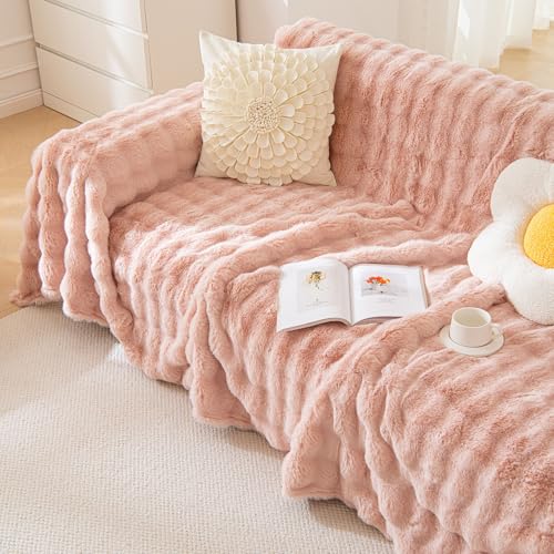Faux Fur Plush Sofa Covers for Couch Washable Rabbit Plush Couch Cover Cozy Faux Fur Sectional Covers for Dogs Fluffy Plush L Shaped Sofa Cover Pet Couch Protector (71" x 134" / Z-plush:pink)