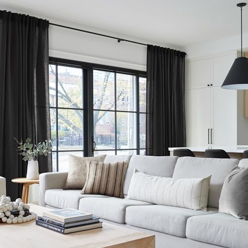Black Linen Curtains 84 inches Long for Bedroom Back Tab Light Filtering Privacy Semi Sheer Black Curtains Living Room Boho Rustic Farmhouse Cotton Textured Gauze Curtain 2 Panel Set (Black / 52"W x 84"L (Pack of 2))