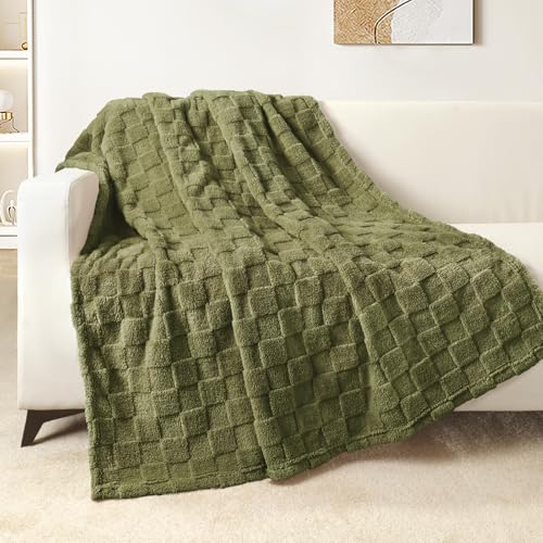 3D Checkered Fleece Throw Blanket for Couch (Olive Green / Throw (50"x60"))