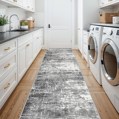 Abstract 14ft Long Runner Rug (2'6" x 14' (Rectangular) / Black/Grey)
