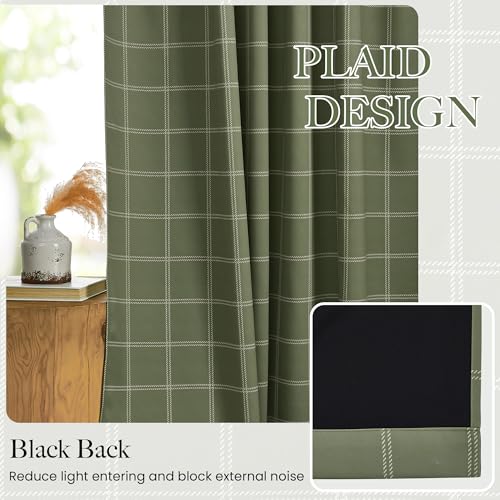 Olive Green Buffalo Check Plaid 100% Blackout 84 Inch Long Curtain (52"W x 84"L (Pack of 2) / Grid Pattern | Olive Green & White)