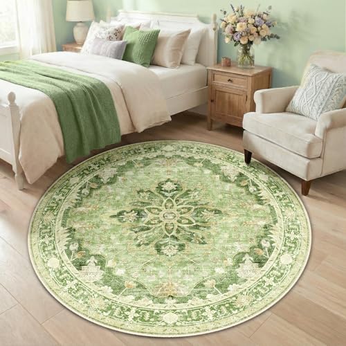 Washable Area Rug (Green/Yellow / 5' (Round))