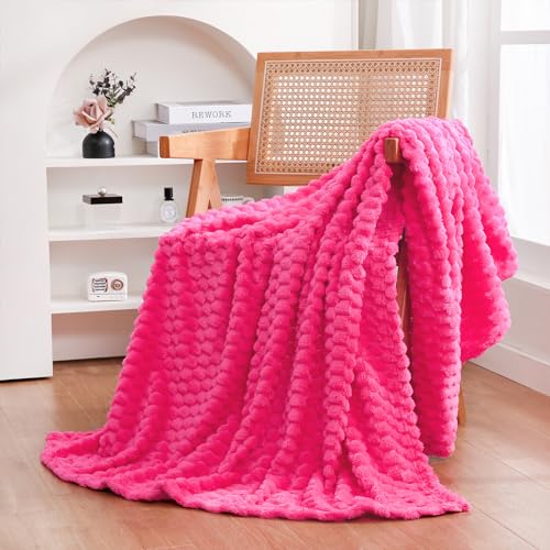 Hot Pink Throw Blanket 60"×80" Fuzzy 3D Jacquard Decorative (Hot Pink / 60"×80”)