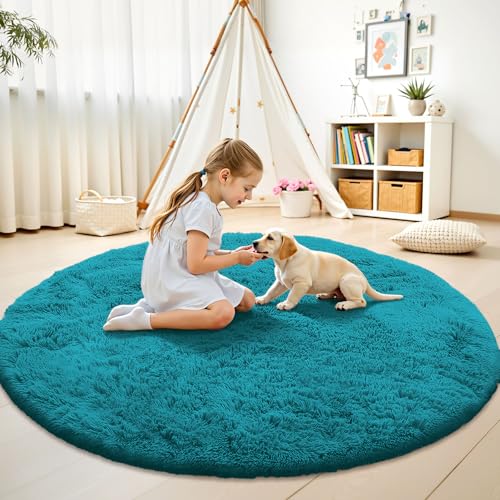 Teal Round Rugs for Bedroom (5 Ft Round / Teal)