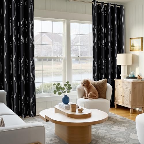 Black Out Grommet Pattern Curtain Panels 84 inches Long (1 - Black / 52"W x 84"L (Pack of 2))