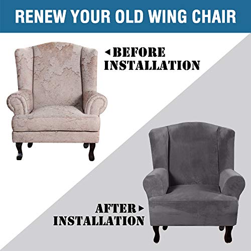 Wingback Chair Covers Velvet Plush Wing Chair Slipcover 1 Piece High Stretch Wing Back Chair Slipcovers Sofa Cover Furniture Cover with Elastic Bottom (Charcoal Gray / Wing Chair)