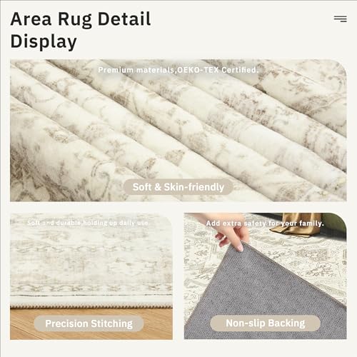 5x7 Area Rug Low Pile Washable Trendy Faded Style Rug (Beige/Brown / 5' x 7' (Rectangular))